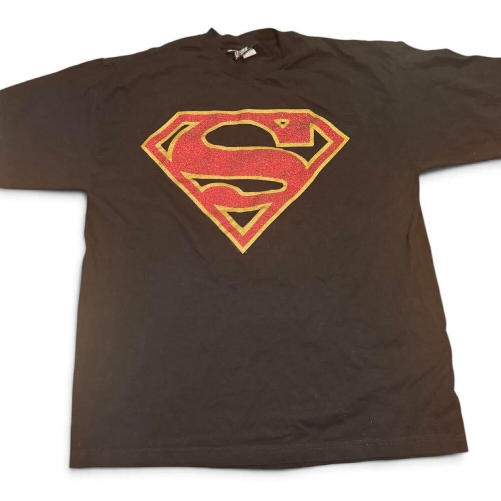 Vintage 1996 Superman Logo T-Shirt Giant XL Black DC Comics Glitter Graphic Tee